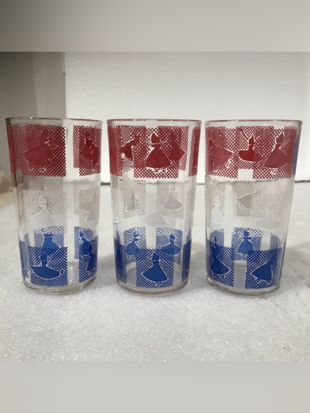 Set of 3 Mid-Century Red, White & Blue Patterned Glasses. Swanky Swigs? Set Of 3